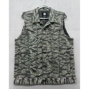 Kill City Vest Mens Sz L Tiger Stripe Camo Denim Sleeveless Trucker Jacket Green